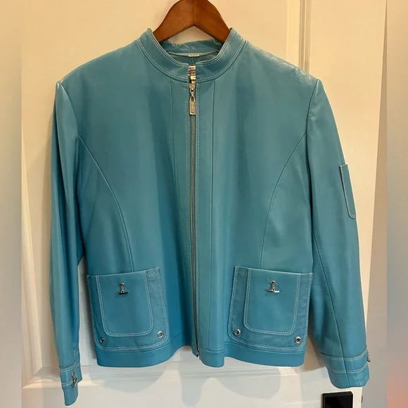 St. John Sport Blue Scuba Style Blue Leather Jacket Like New! - Picture 1 of 9